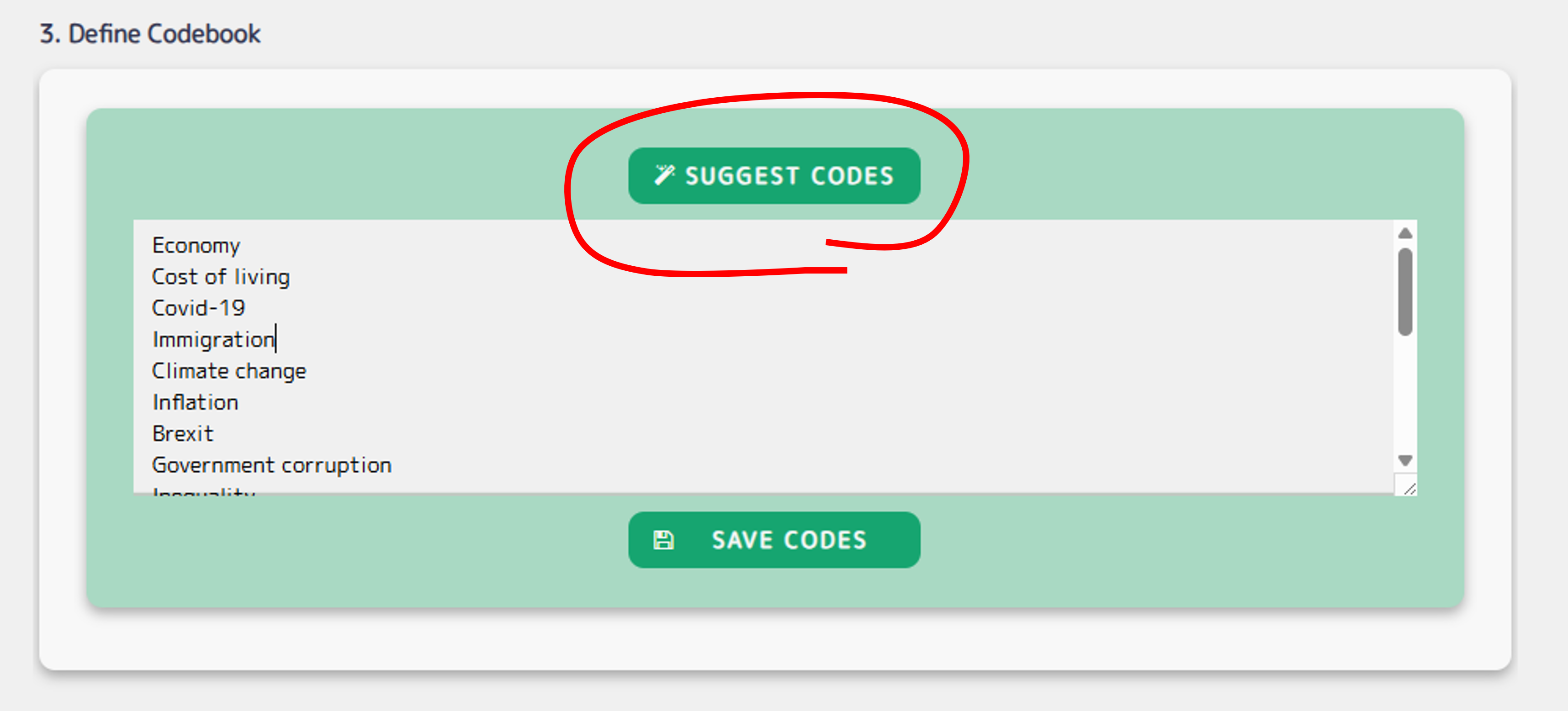 Suggest Codes Button in QualBot Coding Interface